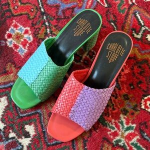 Charlotte Stone Green, Red, and Purple Woven Mules - never worn